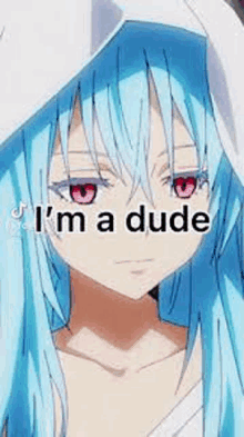 a girl with blue hair and red eyes is wearing a white hat and saying `` i 'm a dude '' .