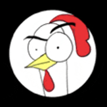 a cartoon chicken with a red tail and a yellow beak is in a circle on a black background .