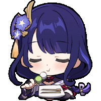 a cartoon of a girl with purple hair eating food with chopsticks