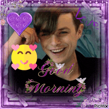 a picture of a man in a purple frame with good morning written on it