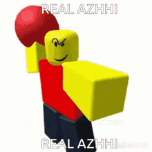 a picture of a roblox character holding a red boxing glove with the words real azhhi real azhhi