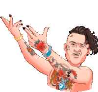 a pixel art of a shirtless man with tattoos on his arms