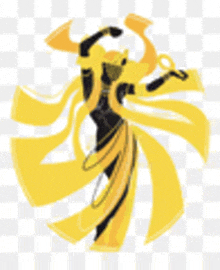 a cartoon drawing of a woman in a yellow dress holding a sword .