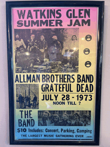 a framed poster for watkins glen summer jam featuring allman brothers band and grateful dead