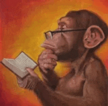 a painting of a monkey wearing glasses reading a book .