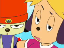 a cartoon character with a frog on his hat is standing next to another character