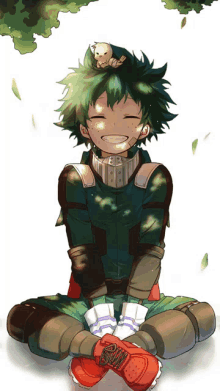 a drawing of a boy with green hair sitting on the ground