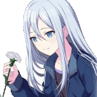 a girl with long white hair and blue eyes is holding a flower in her hand .