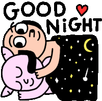 a cartoon of a man hugging a pink pillow with the words good night written above him