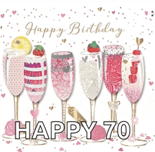 a happy 70th birthday card with champagne glasses and strawberries