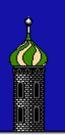 a cartoon drawing of a brick building with a green dome on top