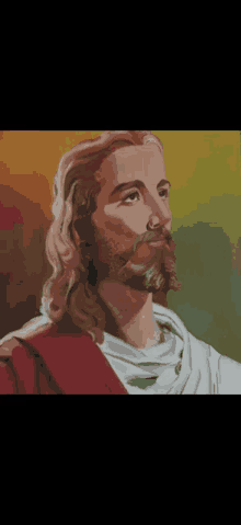 a close up of a painting of jesus with long hair