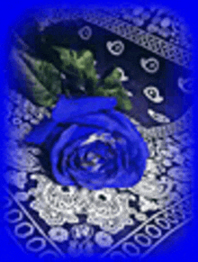 a blue rose is sitting on top of a blue and silver floral table cloth .