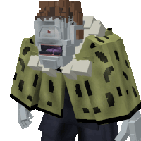 a minecraft character with a green cape and a purple mouth