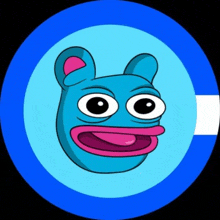 a blue frog with a pink tongue sticking out is in a blue circle .