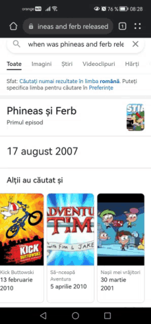 a screenshot of when was phineas and ferb released on a cell phone