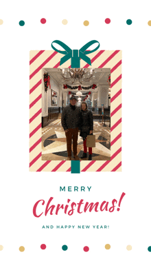 a merry christmas and happy new year card with a picture of a man and woman