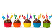 a row of colorful birthday cupcakes with candles that say happy birthday