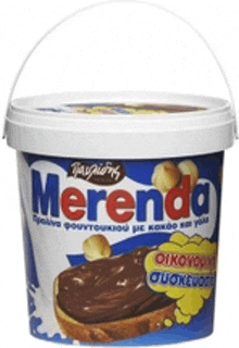 a bucket of merenda chocolate spread with hazelnuts on toast