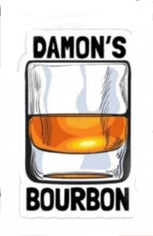 a sticker of a glass of whiskey with the words damon 's bourbon written on it .