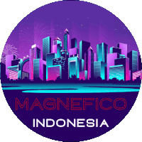 a logo for magnetico indonesia with a city skyline in the background