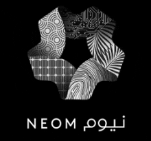 a black and white logo for a company called neom is on a black background .