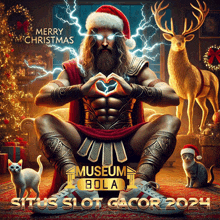 a poster with a man in a santa hat and the words merry christmas museum bola