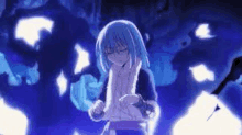 a girl with blue hair and glasses is standing in a dark room surrounded by blue lights .