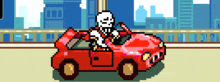 a pixel art of a skeleton driving a car