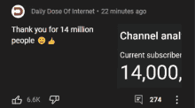 a screenshot of a daily dose of internet showing 14000 subscribers