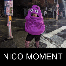 a picture of a person in a purple costume with the words nico moment below it