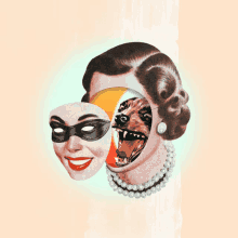 a woman wearing a mask and a pearl necklace has a dog coming out of her mouth