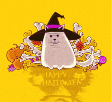 a ghost wearing a witch hat is surrounded by bones and pumpkins with the words happy halloween written on the bottom