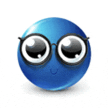 a blue smiley face with glasses and a smile on it .