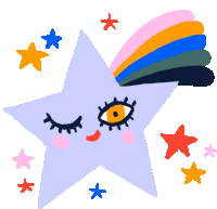 a cartoon drawing of a star with closed eyes and a rainbow coming out of it