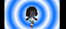 a girl with glasses and a backpack is standing in front of a blue circle