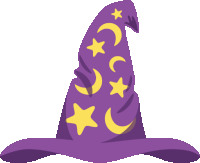 a purple wizard hat with yellow stars and crescent moons