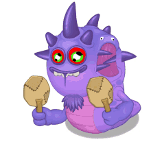 a purple and pink monster with horns is holding a pair of wooden sticks