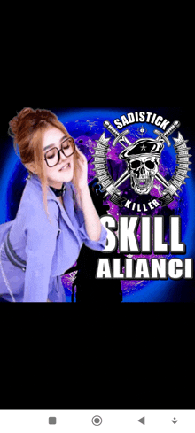 a girl wearing glasses stands in front of a poster that says sadistic skill alliance