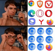 a shirtless man is adjusting his glasses in front of a collage of computer logos .