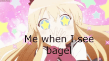 a girl with a star in her eyes and the words me when i see bagel on the bottom