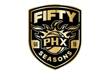 a logo for fifty phx seasons with a basketball in the center