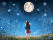 a girl stands in a field looking at a full moon with aleph zero written on the bottom