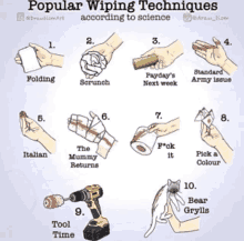 a poster showing popular wiping techniques according to science including folding scrunch and standard army issue