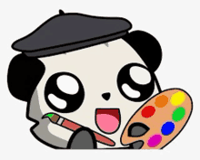 a cartoon panda wearing a beret is holding a palette and brush .