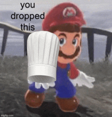 a picture of mario holding a chef 's hat with the words " you dropped this " above him