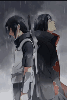 two anime characters standing next to each other in the rain looking up