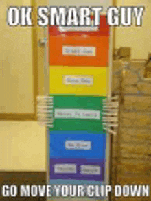 a rainbow colored bulletin board with the words ok smart guy go move your clip down