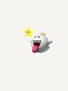 a white cartoon character with a pink tongue and a yellow star behind it