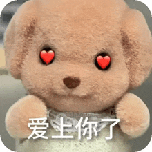 a teddy bear with heart shaped eyes and chinese writing on its face